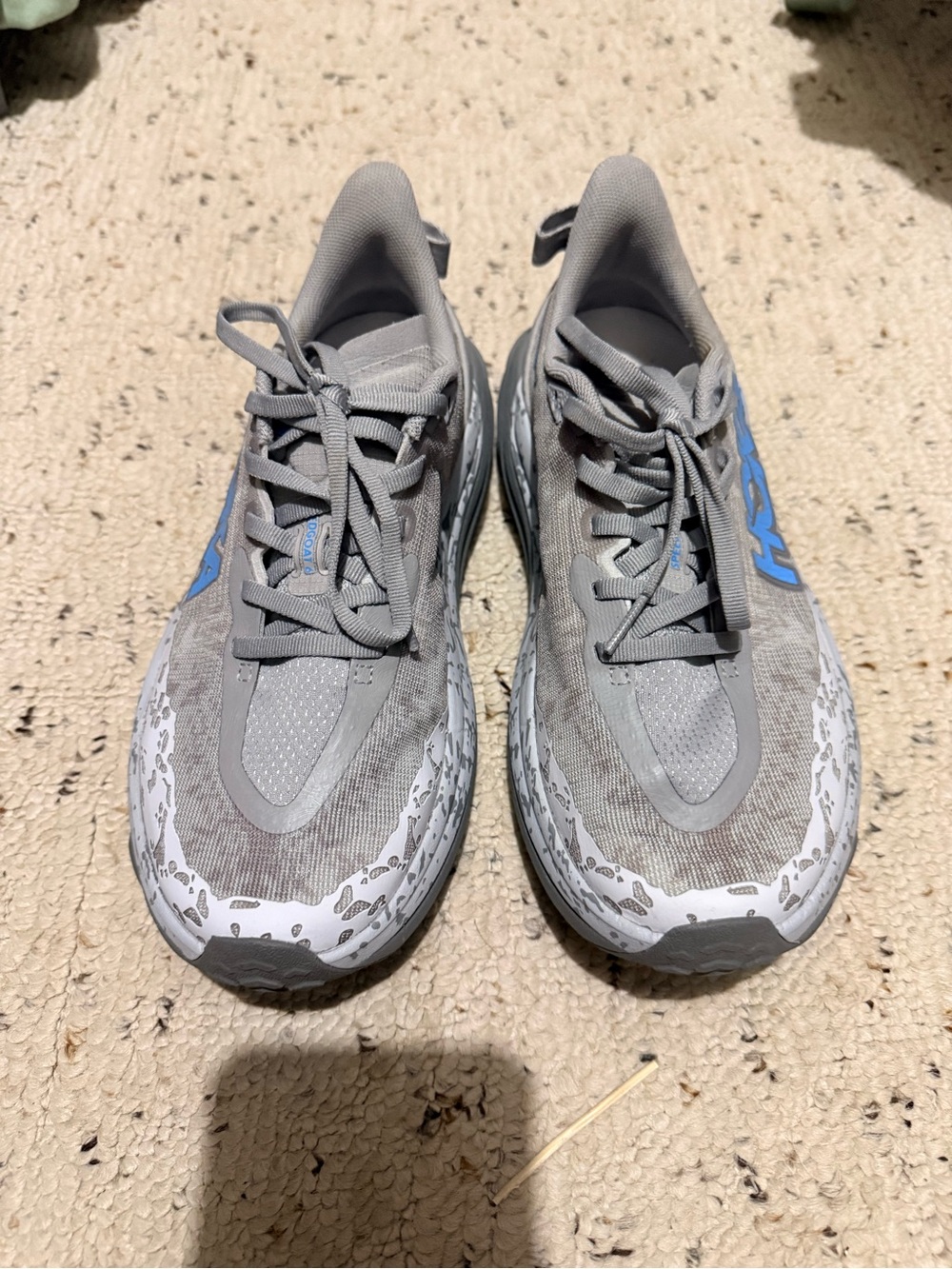 Hoka One One Gray Athletic Shoes with Blue Logo Accents